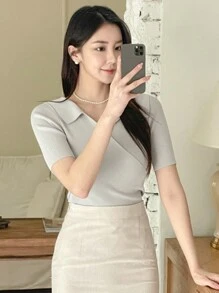 DAZY 女式 V 领修身罗纹针织毛衣秋季 - 綠色 - 查看 9