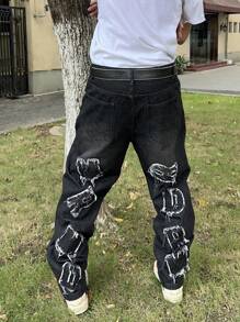 Manfinity EMRG Vaqueros de mezclilla casuales simples con decoración de línea en forma de letra para hombres estilo Y2K - Negro - Ver 2