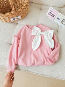 SHEIN Loose Round Neck Ruffle Trim Bowknot Pullover Sweatshirt For Young Girls - Pink - View 7