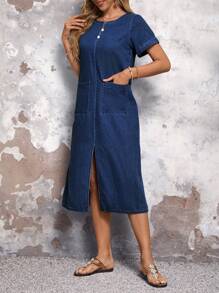 SHEIN LUNE Women's Solid Color Simple Casual Dark Color Round Neck Short Sleeve Denim Dress