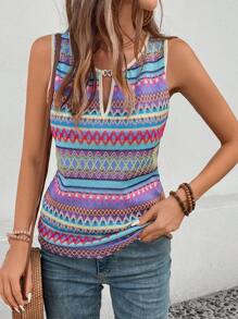 INAWLY Women's Casual Geometric Printed Keyhole Neck Summer Tank Top - Purple - View 5