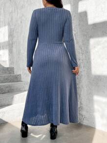 SHEIN LUNE Vestido de punto acanalado de unicolor simple de uso diario para mujer de talla grande - Azul - Ver 2