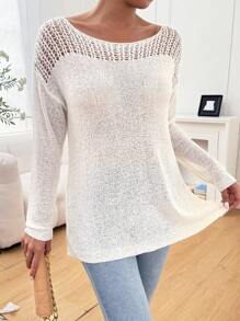 Chiquease Round Neck Long Sleeve Hollow Patchwork Minimalist Sweater For Casual Wear