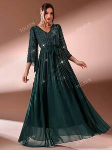 Vestido largo de mujer con escote en V, sin mangas, con brillos, vestido de fiesta, vestido de invitada de boda, vestido formal, vestido de noche