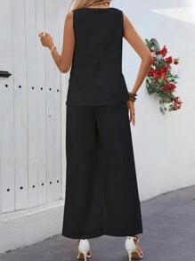 Breezaya 2pcs Vacation Casual Solid Color Vest And Wide Leg Pants Set