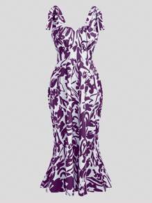 Flirla Plus Size Summer Vacation All-Over Fish Tail Print Slip Dress - Purple - View 1