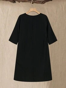 SHEIN LUNE Women's V-Neck Midi Dress With Floral Embroidery, Casual And Relaxed Fit