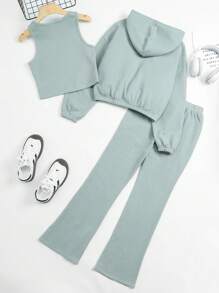 SHEIN 3 件套少女纯色针织连帽衫、背心和喇叭裤休闲套装 - 薄荷綠 - 查看 2