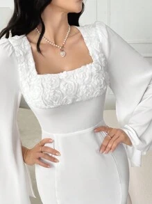 Modelyn Sukienka damska na lato z kwadratowym dekoltem w jednolitym kolorze, rozkloszowanymi rękawami, plisowana, pasująca na imprezę, sukienka wieczorowa, biała sukienka