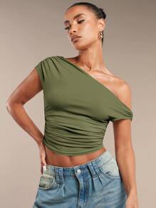 SHEIN BAE Women's Solid Color Ruched Asymmetric Shoulder Summer Blouse - Army Green - View 4