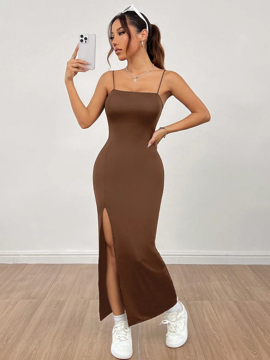 SHEIN PETITE 女式纯色高开叉吊带黑色长裙 - 棕色 - 查看 1