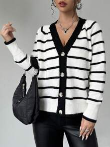 Chiquease Black & White Striped Deep V-Neck Sweater Cardigan - Black and White - View 5