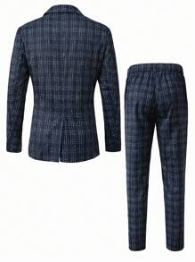 Calvornis Men's Printed Long Sleeve Top And Pants, Simple Daily Formal Suit Set Fall Business Dress Outfits - Navy Blue - View 2