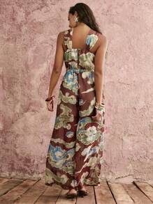 COSMINA Vintage Elegant Chinese Style Cloud Smoke Print Women's Chiffon Sleeveless Chest Gathered Wide Leg Jumpsuit - Multicolor - View 2