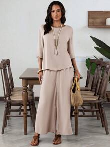 EMERY ROSE 2 件套女士纯色优雅圆领中袖绿色阔腿裤 - 卡其色 - 查看 4