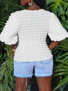 Slaydiva 2024 New Casual Basic Women's Textured Checked Round Neck Puff Sleeve White Short Sleeve Top