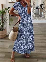 EMERY ROSE Vestido de mujer de manga de murciélago larga con estampado floral azul de largo maxi