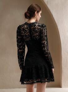 Anewsta 欧式宫廷风纯黑色碎花蕾丝长袖连衣裙