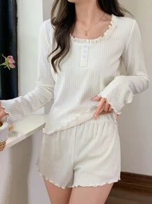 DAZY Ribbed Knit Fabric Homewear Set With Wavy Hem Pajama - White - View 6