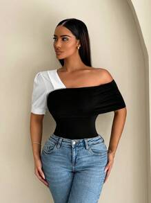 Zolique Women's Clothing Sumeer Casual Matching Color Patchwork Bodysuit With Asymmetric Collar - Black and White - View 4