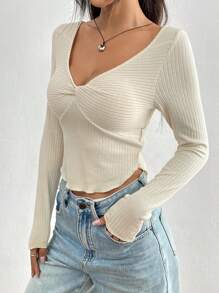 Flirla Áo thun nữ tay dài màu trơn, dáng ôm, áo len gân mùa xuân và mùa hè, áo len crop top gợi cảm - Màu be - Xem 4