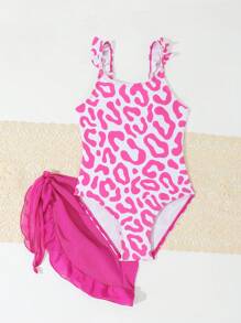 Young Girl Swimsuit, Random Floral Print Spaghetti Strap Ruffled Monokini Top With Ruffle Hem Bottom - Hot Pink - View 5