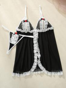 SHEIN Women's Lace Patchwork Sheer Cami Nightgown And G-String Lingerie Set - Black and White - View 5