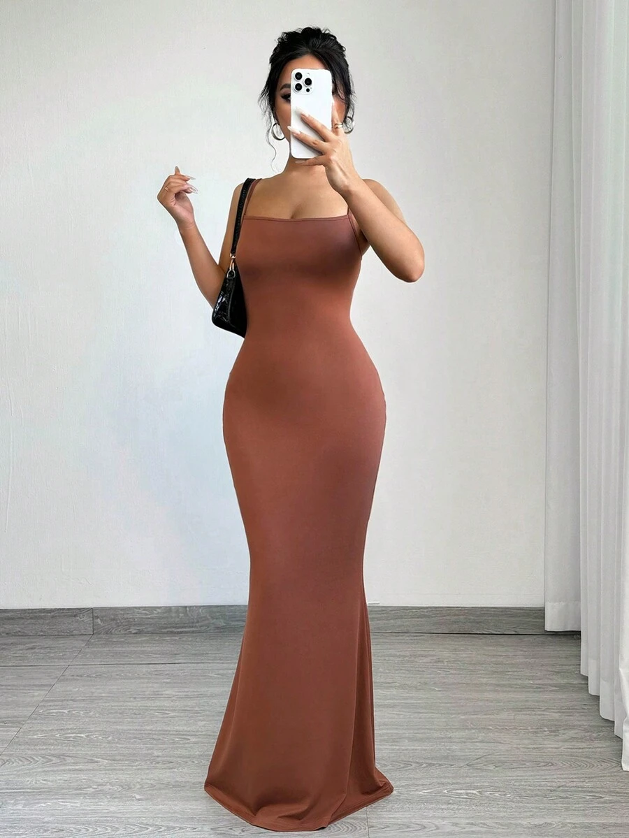 SHEIN SXY Váy đuôi cá dây mảnh màu nâu ôm vừa vặn thanh lịch dành cho nữ - màu nâu - Xem 1