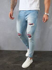 Manfinity LEGND Men's Light Blue Washed Distressed Slim Fit Denim Jeans - Light Wash - View 7