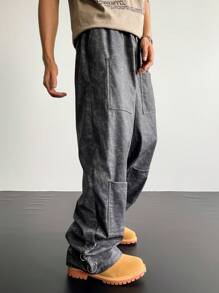 Manfinity Roghcode Men's Dark Streetwear Elastic Denim Effect Camouflage Printed Texture PU Leather, With Metal Buckle Decoration At The Hem, Multiple-Pocket Loose Fit Cargo Pants ,Streetwear ,Y2k Pants ,Baggy Pants - Dark Grey - View 9