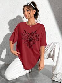 SHEIN EZwear Lässiges, Oversized, loses burgunderfarbenes Damen-Rundhals-Kurzarm-T-Shirt mit Spinnennetz-Muster, geeignet für den Sommer, unisex - Bordeaux - Übersicht 4