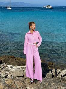 Forever 21 Damskie koszule na co dzień i na jesień i zimę, podstawowe, oversize i wyjściowe, z długim rękawem i jasnoróżowe w prążki - Różowy - Zobacz 5