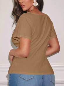 Auralis Plus Size Cổ tròn trơn đơn ngực ngắn tay áo thun đơn giản thông thường - Lạc đà - Xem 10