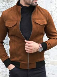 Manfinity Homme 男式翻盖细节绒面革拉链夹克，纯色，长袖，休闲，工作，工装，朋友 - 棕色 - 查看 1