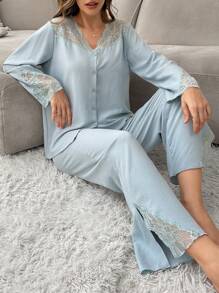 Women's Contrast Lace Cardigan And Pajama Set