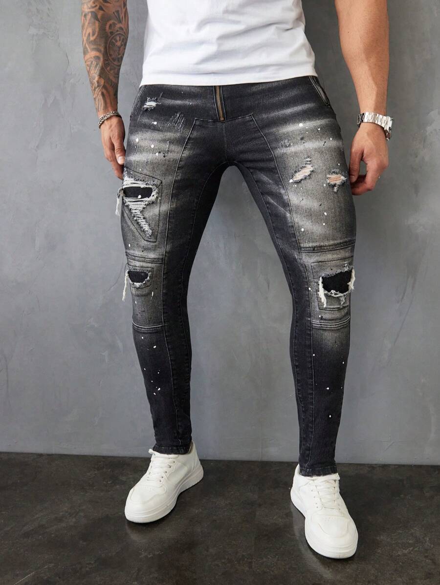 Manfinity LEGND Men's Black Denim Vintage Distressed Color Block Skinny Jeans - Black - View 1