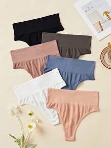 6pcs/Set Seamless High-Waisted Solid Color Thong Panty For Women , Briefs - Multicolor - View 1