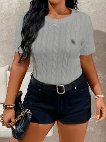 Calvaya Plus Size Nữ Mùa Hè Thường Ngày In Hiệp Sĩ Cổ Tròn Tay Ngắn Dệt Kim - Xám - Xem 5