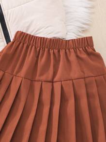 2pcs Tween Girls' Solid Color Zip-Up Vest And Pleated Mini Skirt Set, Summer School Style