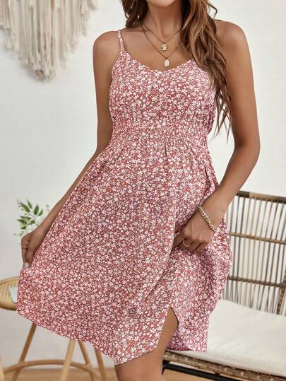 SHEIN Maternity Ditsy Floral Cinched Waist Casual Cami Dress For Vacation