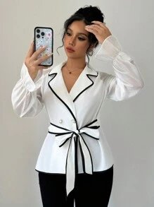 Chiquease Women's Contrast Trim Cinched Waist Blouse Women Shirt,Long Sleeve Tops