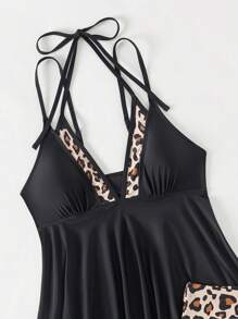 Swim Lushoire Ladies Leopard Printed Splice Halterneck Tie Casual Tankini Set Summer
