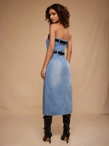 Forever 21 Casual Sexy Button Front Empire Waist Denim Midi Dress, Washed - Blue - View 2