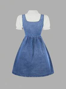 Set de 3 piezas: Blusa de manga corta blanca, vestido de peto vaquero con cremallera en la sombra, corbata a rayas diagonales; conjunto de moda esencial de regreso a la escuela con estilo callejero vintage dulce para adolescentes