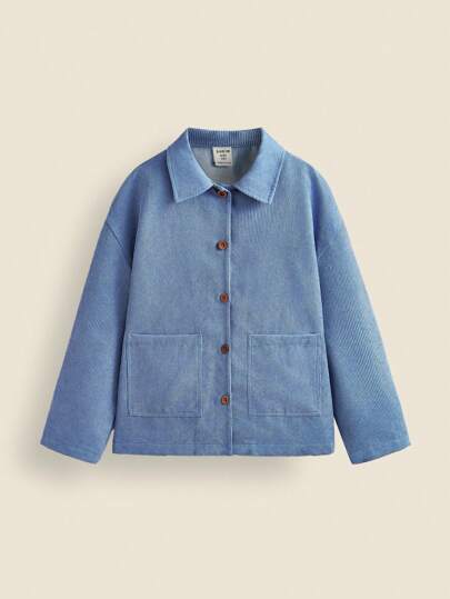 SHEIN Tween 女童蓝色纯色灯芯绒长袖休闲简约夹克秋冬季