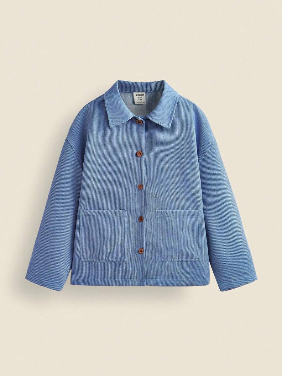 SHEIN Tween 女童蓝色纯色灯芯绒长袖休闲简约夹克秋冬季 - 藍色 - 查看 1