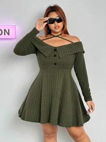 SHEIN ICON Vestido de manga larga con cuello vuelto y hombros descubiertos de talla grande - Verde militar - Ver 4