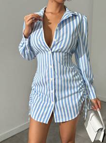 Avenne Women's Spring & Summer Striped Side Drawstring Long Sleeve Shirt Dress Fall Cloth For Women