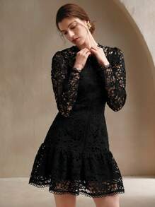 Anewsta 欧式宫廷风纯黑色碎花蕾丝长袖连衣裙