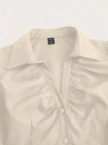 Elamini Áo sơ mi tay ngắn ôm vừa vặn cổ chữ V khoét sâu dành cho nữ, trang phục công sở thời trang, áo tay ngắn - Màu be - Xem 4